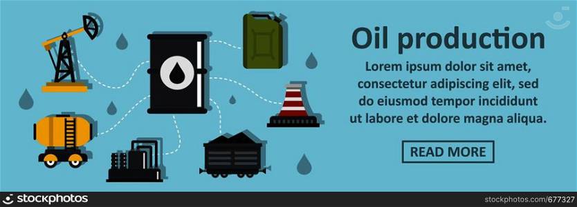 Oil production banner horizontal concept. Flat illustration of oil production banner horizontal vector concept for web. Oil production banner horizontal concept