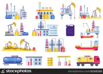 Oil production plants set graphic elements in flat design. Bundle of processing and production petrol and gas machinery, drilling industrial pumps and refinery. Vector illustration isolated objects. Oil production plants set graphic elements in flat design. Vector illustration