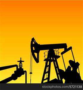 Oil pump energy industrial machine for petroleum in the sunset background. Vector illustration.
