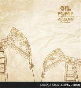 Oil pump engraving over old paper texture. Vector illustration.