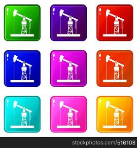 Oil pump icons of 9 color set isolated vector illustration. Oil pump set 9