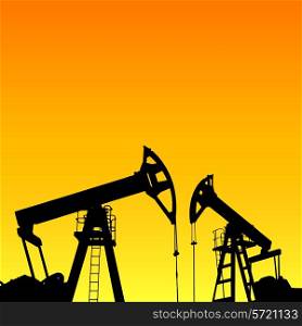 Oil pump industrial machine for petroleum in the sunset background. Vector illustration.