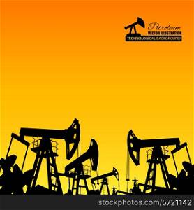 Oil pump industrial machine for petroleum in the sunset background. Vector illustration.