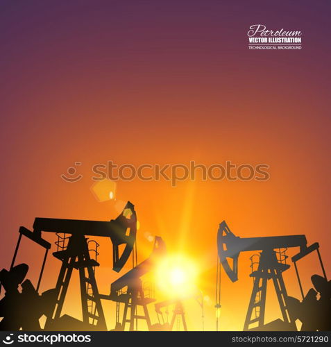 Oil pump industrial machine for petroleum in the sunset background. Vector illustration.