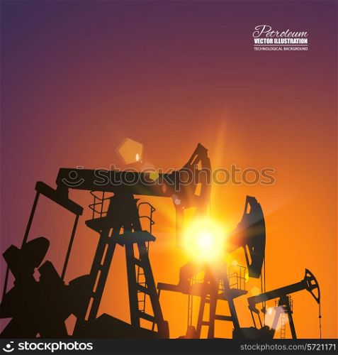 Oil pump industrial machine over the sunset. Vector illustration.