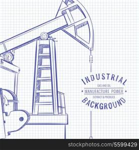 Oil pump on blue squared paper. Vector illustration.