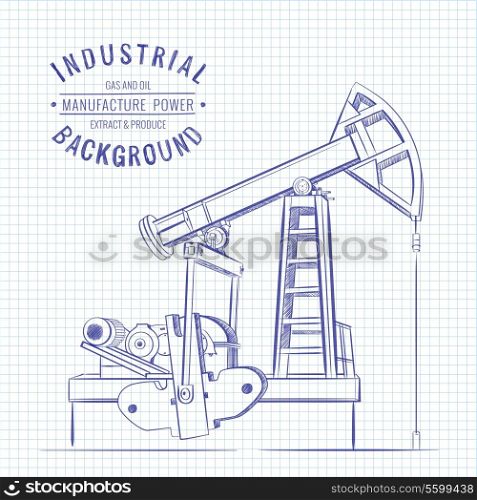 Oil pump on blue squared paper. Vector illustration.