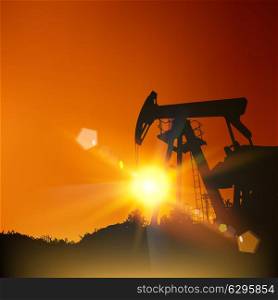Oil pump with lens sun rays over sunset. Vector illustration.