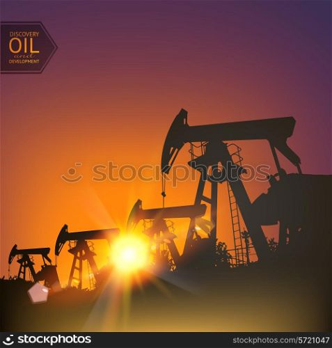 Oil pumps over sunset. Vector illustration.