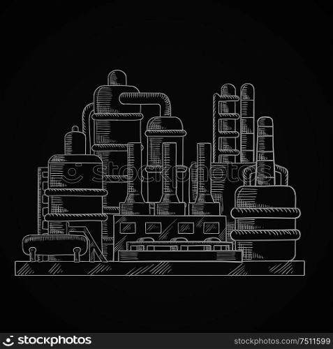 Oil refinery factory in outline style on chalkboard depicting an industrial plant for processing and chemical refining of crude oil. Oil refinery factory in outline style