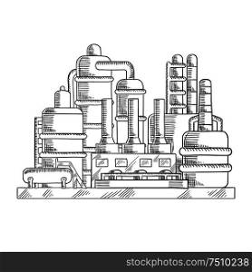 Oil refinery factory sketched illustration with modern industrial plant. For processing and chemical refining of crude design usage, sketch style. Oil refinery factory in sketch style