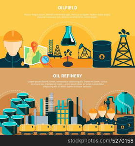 Oil Refinery Horizontal Banners. Oil industry banners set with flat images of oil derricks steel barrels transportation and refinery operations vector illustration