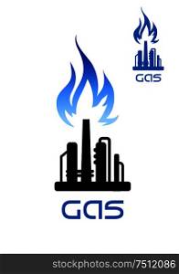 Oil refinery plant icon with blue flame of natural gas over black silhouette of pipeline and flare stack, for heavy industry theme design . Oil refinery plant icon with flame above