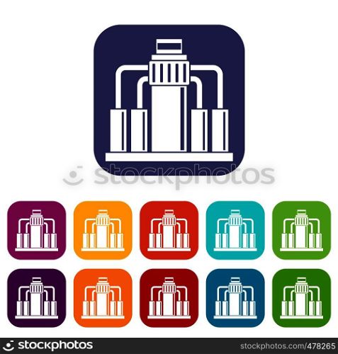 Oil refining icons set vector illustration in flat style in colors red, blue, green, and other. Oil refining icons set