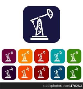 Oil rig icons set vector illustration in flat style in colors red, blue, green, and other. Oil rig icons set