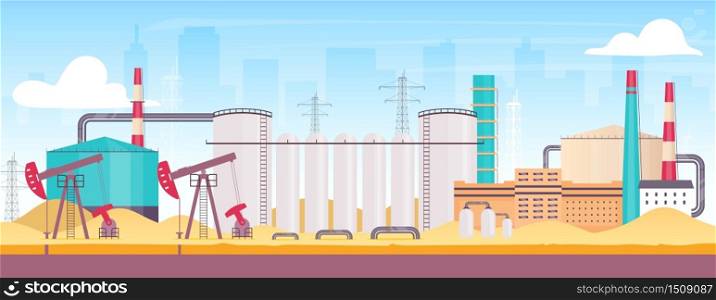 Oil rig near city flat color vector illustration. Industrial refinery plant 2D cartoon landscape with cityscape on background. Onshore manufacturing facility for burning fossil fuel extraction