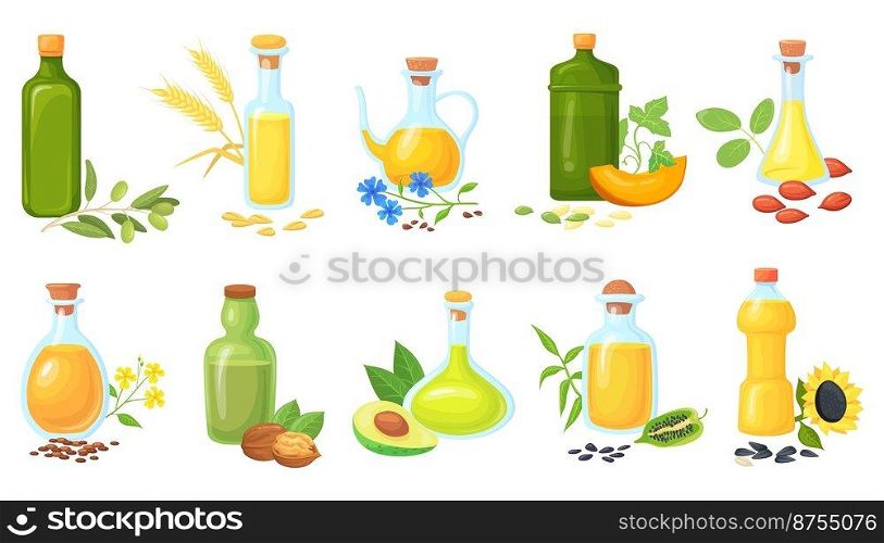 Oil seeds bottles. Oils for cooking vegetables with seed plant wheat olive sunflower sesame mustard, nuts peanut, farming nutrition fats, vector illustration. Bottle cooking oil, sunflower or olive. Oil seeds bottles. Oils for cooking vegetables with germ seed fat plant wheat olive sunflower sesame mustard, nuts peanut, farming nutrition fats, cartoon neat vector illustration