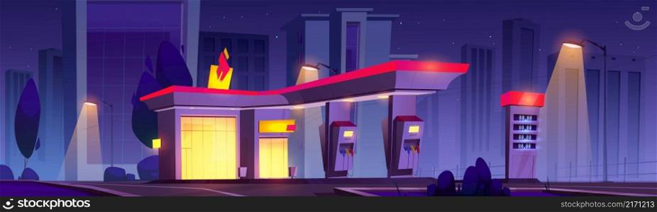 Oil station at night, cars refueling service. All day petrol shop building facade with market, price display and pump hoses, fuel selling for urban vehicles, gas refill, Cartoon vector illustration. Oil station at night. Noctidial refueling service