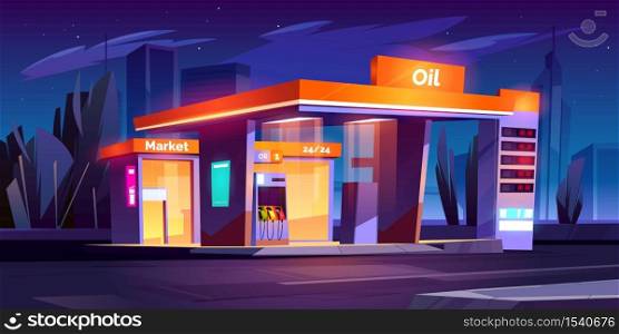 Oil station at night. Noctidial cars refueling service. All day petrol shop and market buildings, price display and pump hoses, fuel selling for urban vehicles, gas refill, Cartoon vector illustration. Oil station at night. Noctidial refueling service