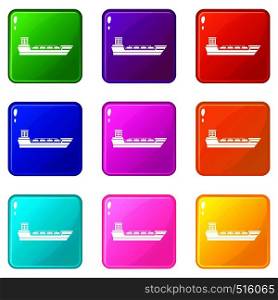 Oil tanker ship icons of 9 color set isolated vector illustration. Oil tanker ship set 9