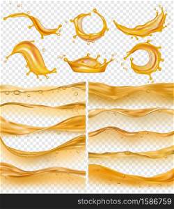 Oil waves. Realistic golden liquid surface of oil petrol flow drops and splashes fuel vector collection. Olive oil and fuel golden color flow illustration. Oil waves. Realistic golden liquid surface of oil petrol flow drops and splashes fuel vector collection