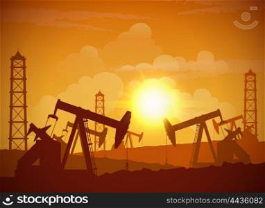 OilField Poster. Silhouette of an oilfield derrick industrial machine for drilling at sunset background vector illustration