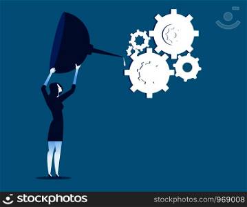 Oiling the gears. Businessman oiling a series of cogs for efficiency. Concept business illustration. Vector business.