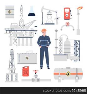 Oilman engineer, pipeline and oil and gas industry equipment. Refinery industrial inspection and worker. Petrol factory and construction recent vector set of oilman and pipeline illustration. Oilman engineer, pipeline and oil and gas industry equipment. Refinery industrial inspection and worker. Petrol factory and construction recent vector set