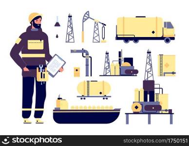 Oilman. Oil industrial environment, petroleum technology. Factory worker, tanker ship, pipes and barrels. Vector refinery industry icons. Illustration petroleum fuel, oil pump transportation tanker. Oilman. Oil industrial environment, petroleum technology. Factory worker, tanker ship, pipes and barrels. Vector refinery industry icons