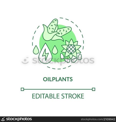 Oilplants green concept icon. Reducing reliance on fossil fuels abstract idea thin line illustration. Isolated outline drawing. Editable stroke. Roboto-Medium, Myriad Pro-Bold fonts used. Oilplants green concept icon