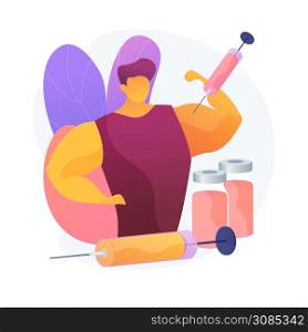 Oils injected into muscles increasing size and changing shape. Synthol, injection, site enhancement oil. Bodybuilder cartoon character. Vector isolated concept metaphor illustration. Synthol injection vector concept metaphor