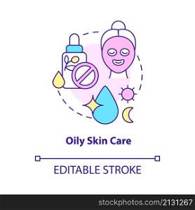 Oily skin care concept icon. Beauty tips. Everyday routine procedures abstract idea thin line illustration. Isolated outline drawing. Editable stroke. Roboto-Medium, Myriad Pro-Bold fonts used. Oily skin care concept icon