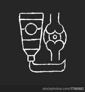 Ointment for arthritis chalk white icon on dark background. Pain relieving cream. Anti-inflammatory drug. Muscle spasms reduce. Warming joints. Isolated vector chalkboard illustration on black. Ointment for arthritis chalk white icon on dark background