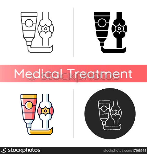 Ointment for arthritis icon. Pain relieving cream. Anti-inflammatory drug. Stiffness, muscle spasms reduce. Cooling and warming joints. Linear black and RGB color styles. Isolated vector illustrations. Ointment for arthritis icon