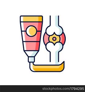 Ointment for arthritis RGB color icon. Pain relieving cream. Anti-inflammatory drug. Stiffness, muscle spasms reduce. Cooling, warming joints. Isolated vector illustration. Simple filled line drawing. Ointment for arthritis RGB color icon