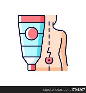 Ointment for back pain RGB color icon. Burning, shooting pain relieving. Soothing sensation. Reduce inflammation. Healing ingredients. Isolated vector illustration. Simple filled line drawing. Ointment for back pain RGB color icon