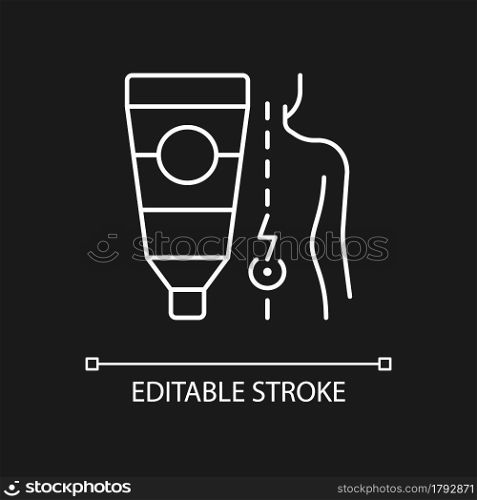 Ointment for back pain white linear icon for dark theme. Burning pain relieving. Soothing sensation. Thin line customizable illustration. Isolated vector contour symbol for night mode. Editable stroke. Ointment for back pain white linear icon for dark theme