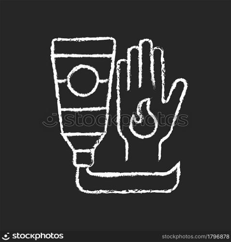 Ointment for burns chalk white icon on dark background. Antibacterial cream. Skin care product. Burn treatment. Apply aloe vera. Infection protection. Isolated vector chalkboard illustration on black. Ointment for burns chalk white icon on dark background