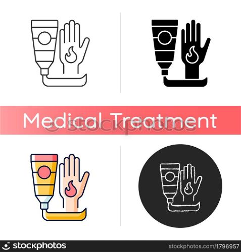Ointment for burns icon. Antibacterial cream. Skin care product. Burn treatment. Applying aloe vera. Infection protection. Cooling gel. Linear black and RGB color styles. Isolated vector illustrations. Ointment for burns icon