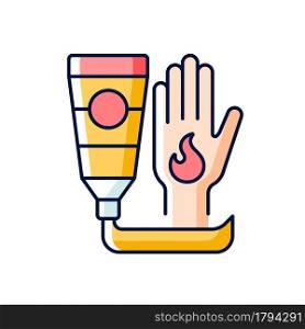 Ointment for burns RGB color icon. Antibacterial cream. Skin care product. Burn treatment. Applying aloe vera. Infection protection. Isolated vector illustration. Simple filled line drawing. Ointment for burns RGB color icon