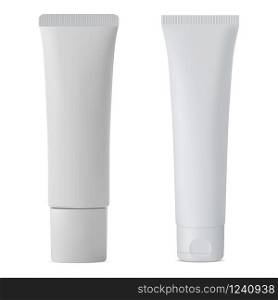 Ointment tube. Plastic care cosmetic cream package. Set of realistic toothpaste pack. Empty template with lid for liquid face care product. Ointment tube. Plastic care cosmetic cream package