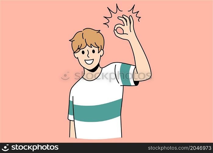 Ok and good luck sign concept. Smiling positive boy wearing t-shirt standing showing ok good sign with fingers feeling cheerful vector illustration . Ok and good luck sign concept