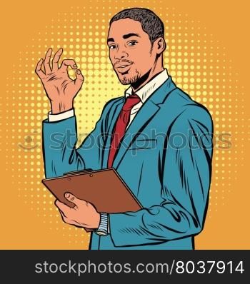 OK gesture black businessman pop art retro vector. Successful African-American. The quality is okay. OK gesture black businessman