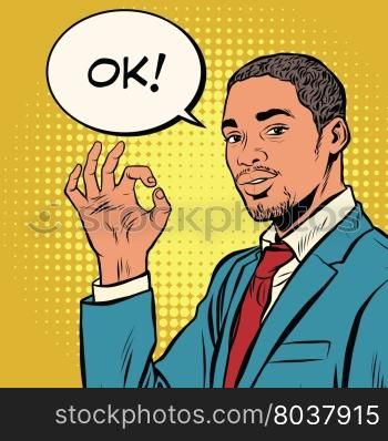OK gesture black businessman pop art retro vector. Successful African-American. The quality is okay. OK gesture black businessman