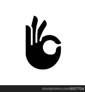 OK gesture black glyph icon. Agreement sign. Approvement symbol. Body language information. All correct. Silhouette symbol on white space. Solid pictogram. Vector isolated illustration. OK gesture black glyph icon