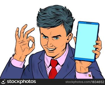 OK gesture Businessman and smartphone. A man with a phone. Pop art retro vector illustration kitsch vintage 50s 60s style. OK gesture Businessman and smartphone. A man with a phone