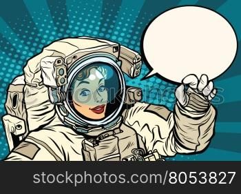 OK gesture female astronaut in a spacesuit, pop art retro vector illustration, science and research