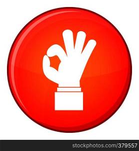 Ok gesture icon in red circle isolated on white background vector illustration. Ok gesture icon, flat style