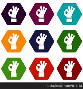 Ok gesture icon set many color hexahedron isolated on white vector illustration. Ok gesture icon set color hexahedron