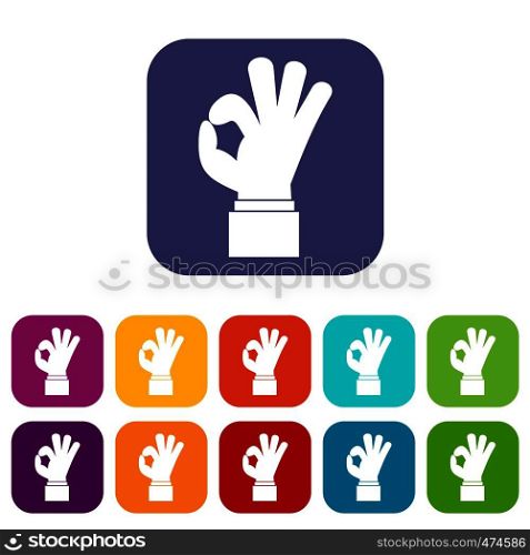 Ok gesture icons set vector illustration in flat style In colors red, blue, green and other. Ok gesture icons set